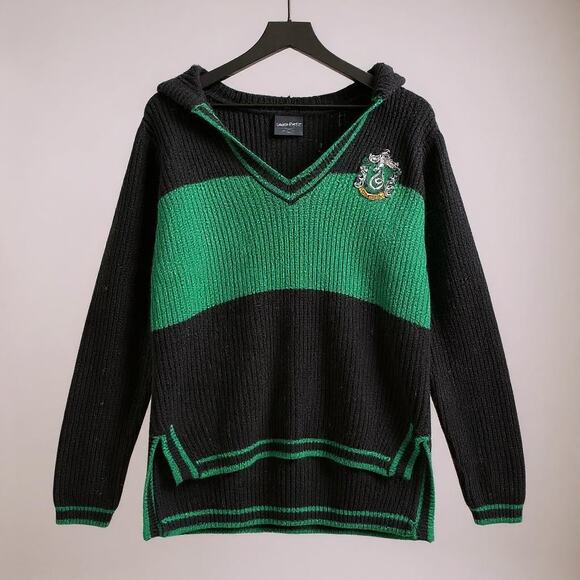 Harry Potter Slytherin Sweater V-Neck Crest Pullover Green Stripes Cozy Small - Picture 1 of 9